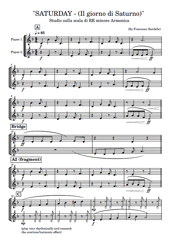 "SATURDAY" - duetto didattico per Flauto dolce soprano convertibile ad altri strumenti (2 pagine, formato A4)