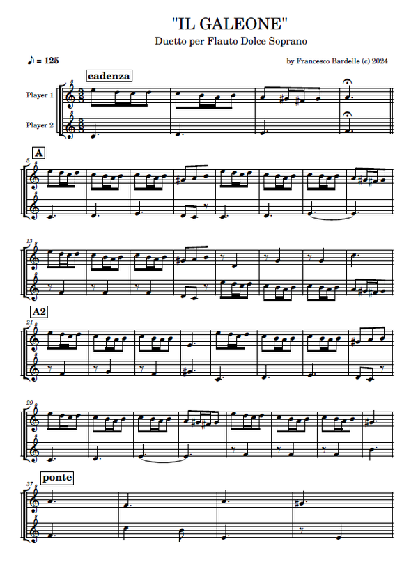 "IL GALEONE" - duetto didattico per Flauto dolce soprano (2 pagine, formato A4)