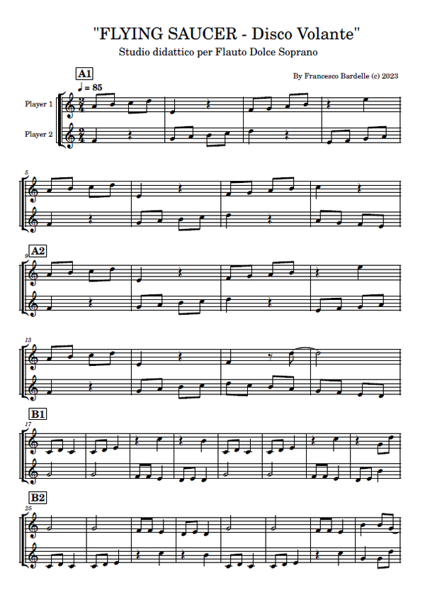 "FLYING SAUCER" - duetto didattico per Flauto dolce soprano (2 pagine, formato A4)