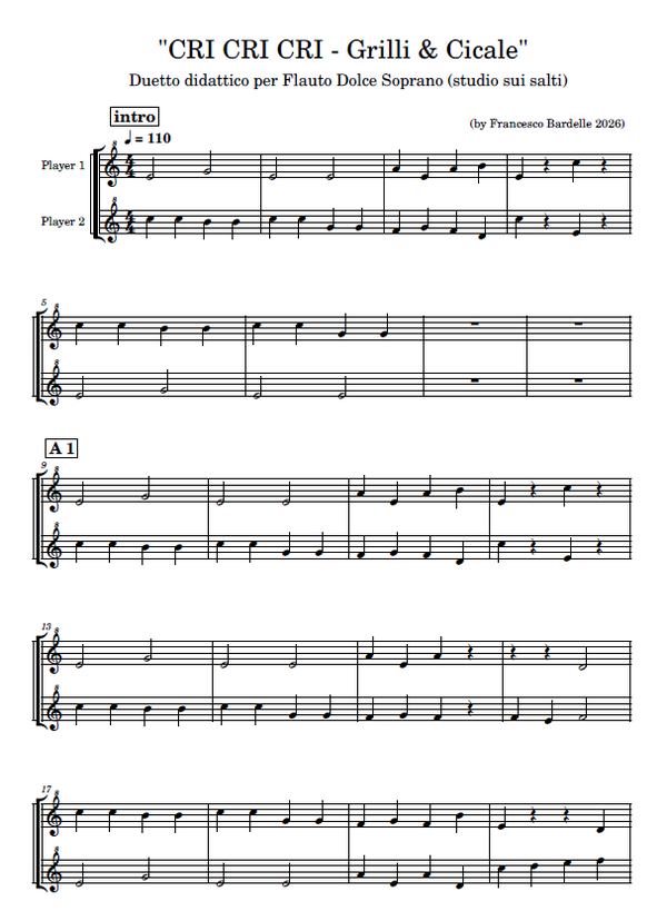 "CRI CRI CRI" - Duetto didattico per Flauto dolce soprano (3 pagine, formato A4)