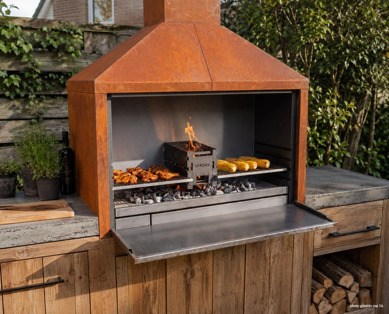 Barbecue à bois Braai sans socle sur un meuble en bois