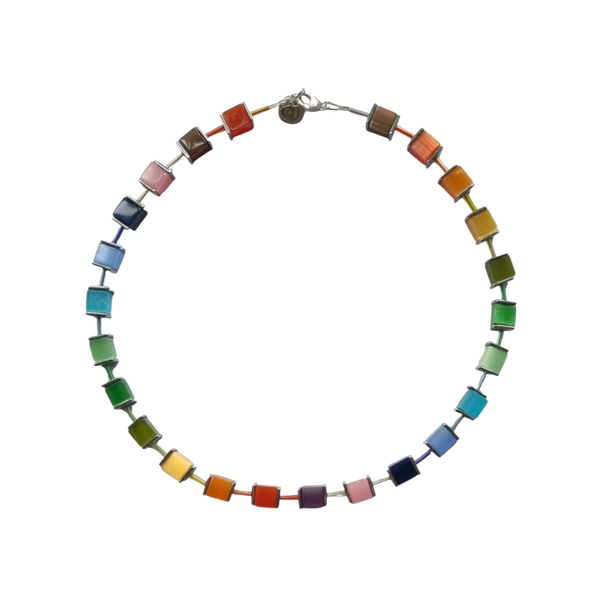 Blokjes sieraden set in regenboogkleuren cateye 8 mm, glasstiften, hematiet met zilveren sluiting
