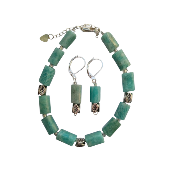 Sieradenset armband en oorbellen van amazoniet, metal look en rocailles