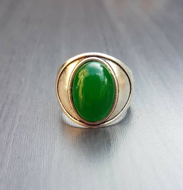 Ring antiek zilverkleur met groen agaat