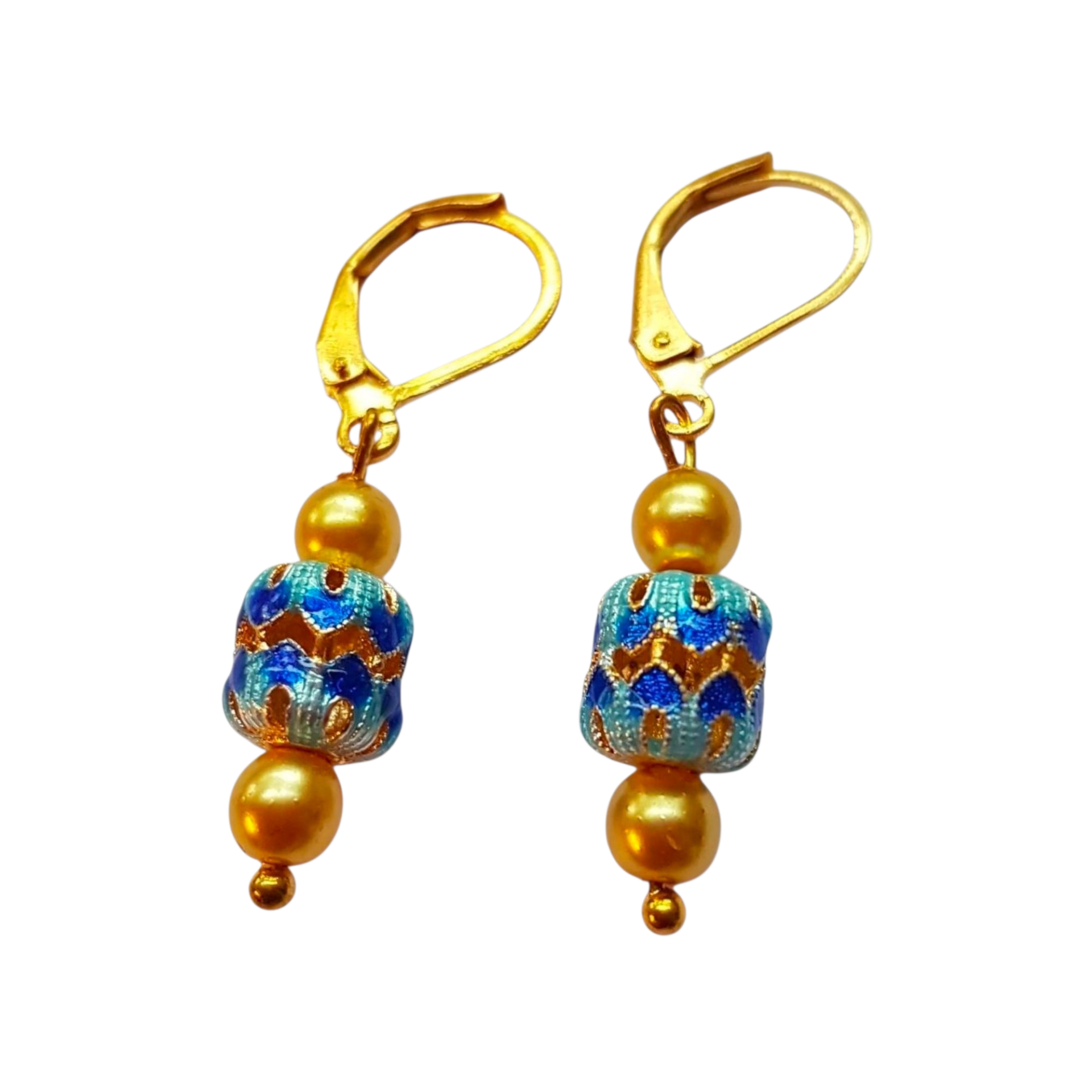 Klapoorbellen goudkleur met groenblauw opengewerkte Tibetaanse cloisonne kralen