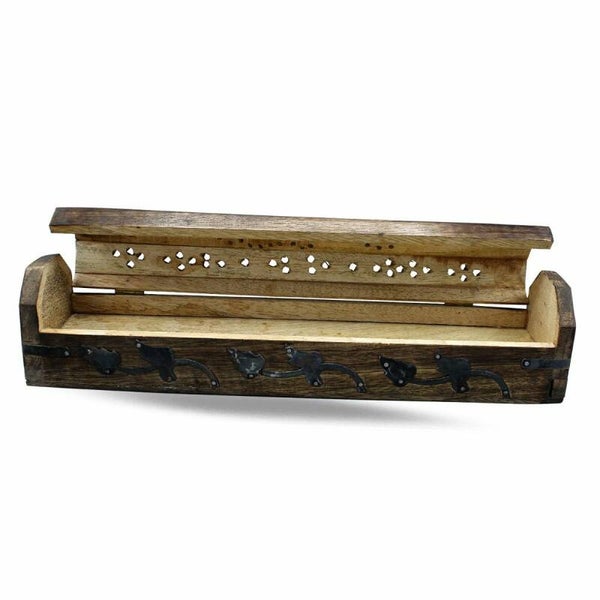 SALE Houten wierookkistje met metalen bloem (30 cm)