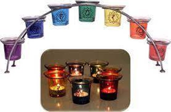 Sfeerlichthouder chakra 7 x in booghouder -- 46x19 cm