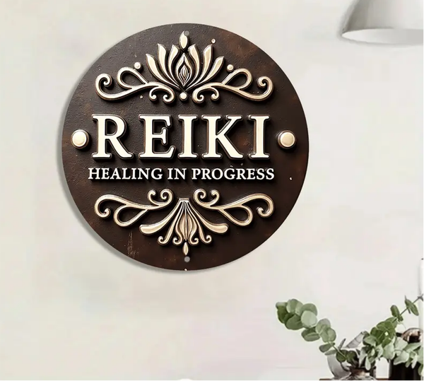 Vintage Reiki Principes Wandbord – Rond Aluminium 20x20cm