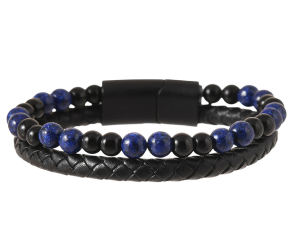 Lederen Armband met Lapis Lazuli & Obsidiaan – Natuurlijke Kracht & Stijl