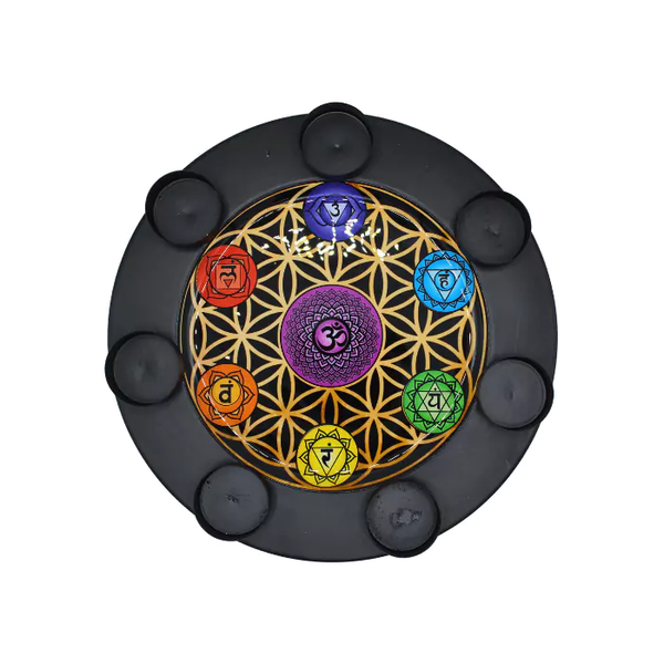 Metalen theelichthouder met de 7 chakra-symbolen voor balans en harmonie