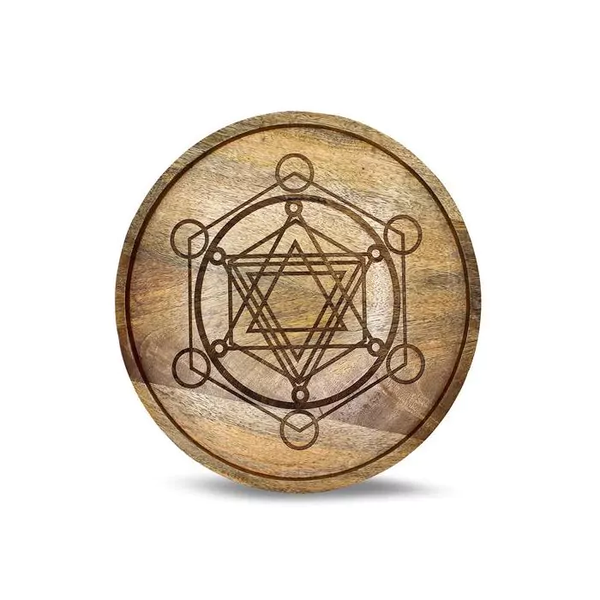 Massief mango houten plateau met de Kubus van Metatron voor kristal grids (30 cm)