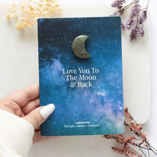 Wenskaart "I love you to the moon and back" inclusief labradoriet-maan