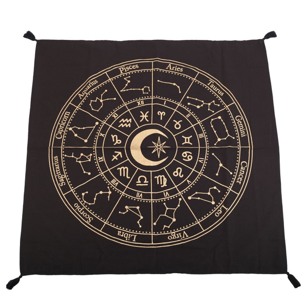72cm Zwarte Astrology Wheel Altaarkleed – Mystieke Rituelen & Spiritueel Decor