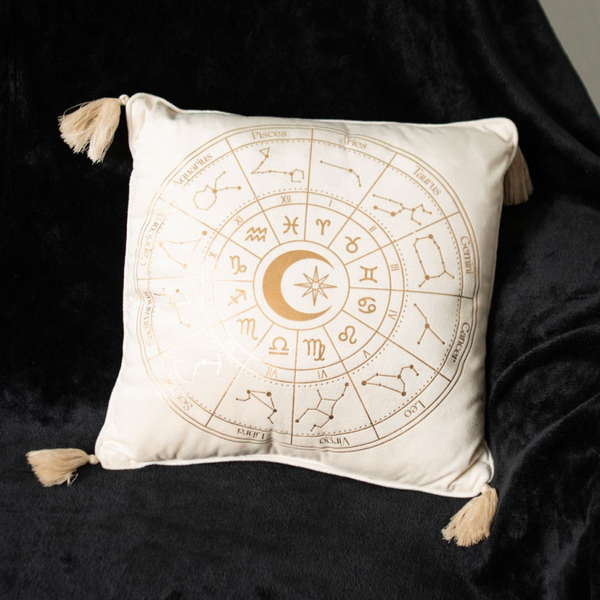 35cm Astrology Wheel Sierkussen – Off White met Gouden Details