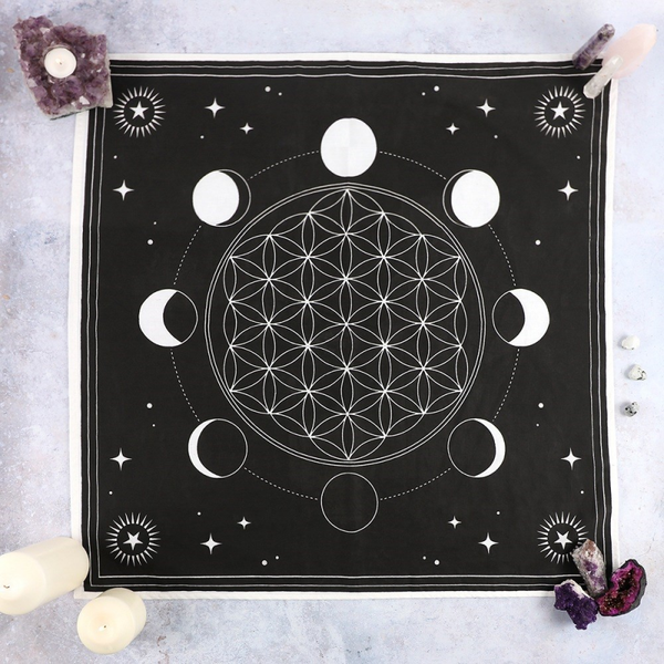 70x70cm Moon Phase Altar Cloth – Crystal Grid & Flower of Life Design