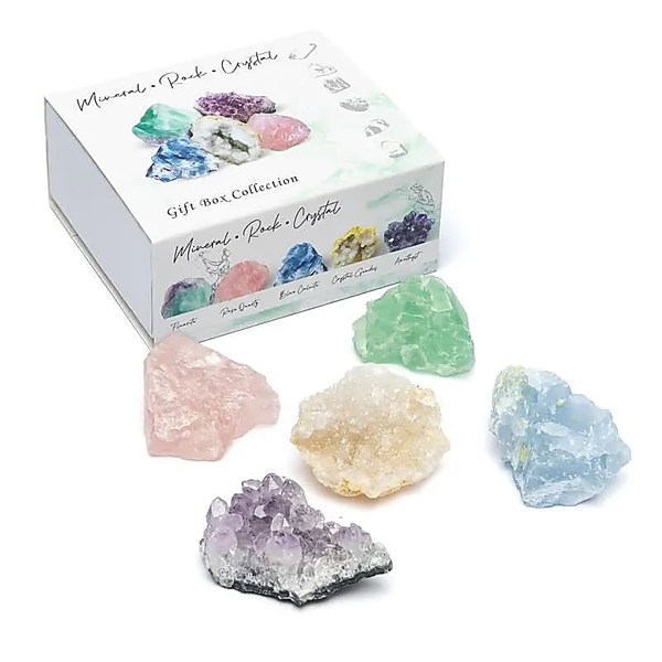 Mineralen Geschenkdoos – Rozenkwarts, Blauwe Calciet, Amethist, Kristalgeode & Fluoriet
