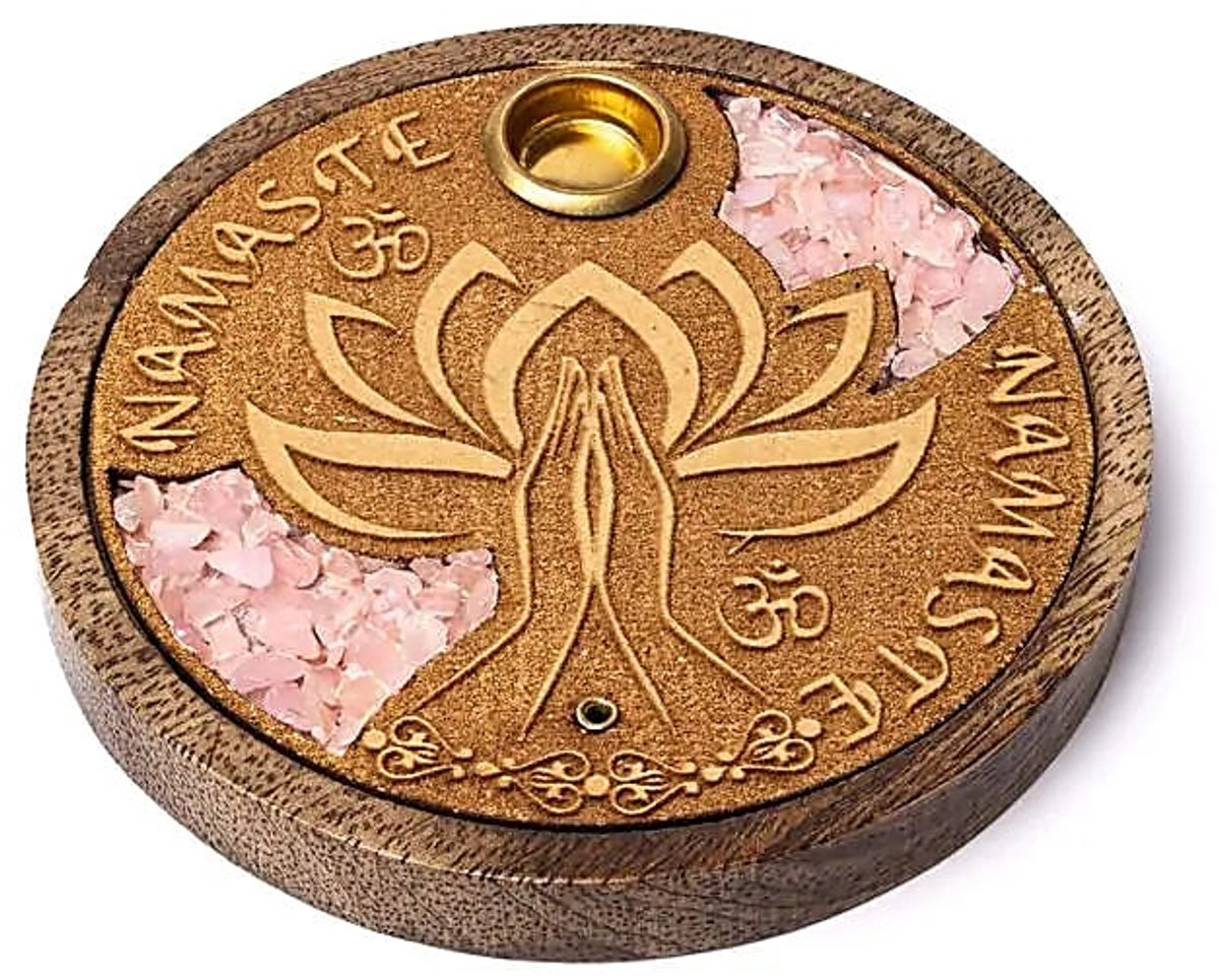 Houten Wierookhouder Namaste met Rozenkwarts - Voor Stokjes & Kegels