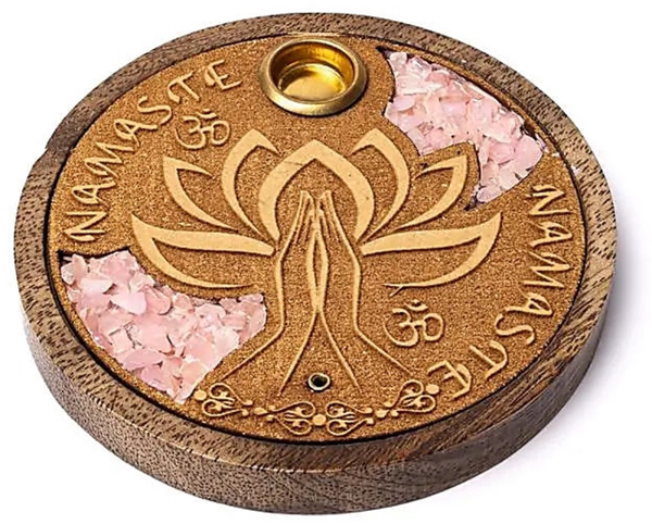 Houten Wierookhouder Namaste met Rozenkwarts - Voor Stokjes & Kegels