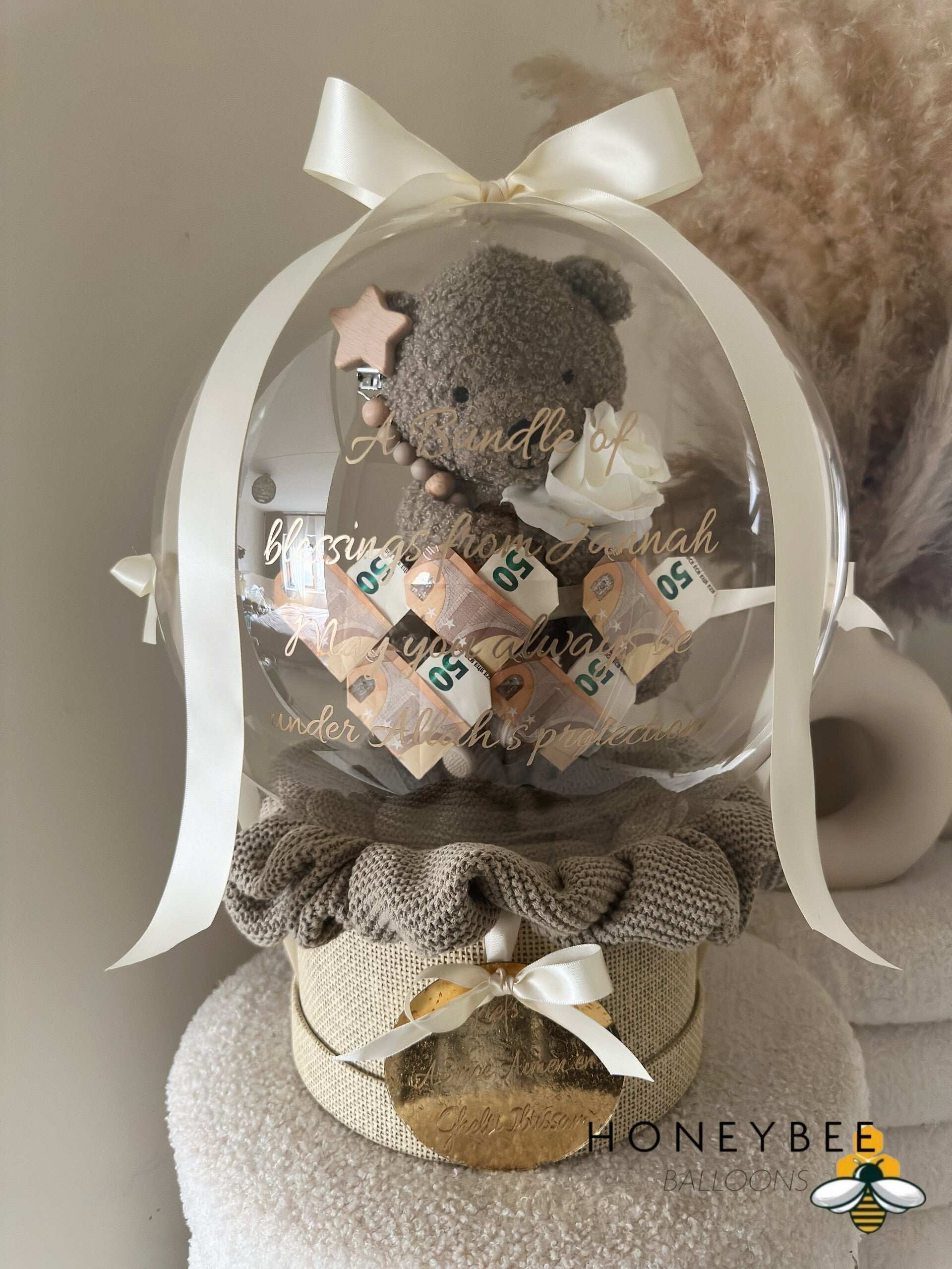 Geld Waslijn Jollein + Roos, bijtring, Speenkoord, wiegdeken balloon