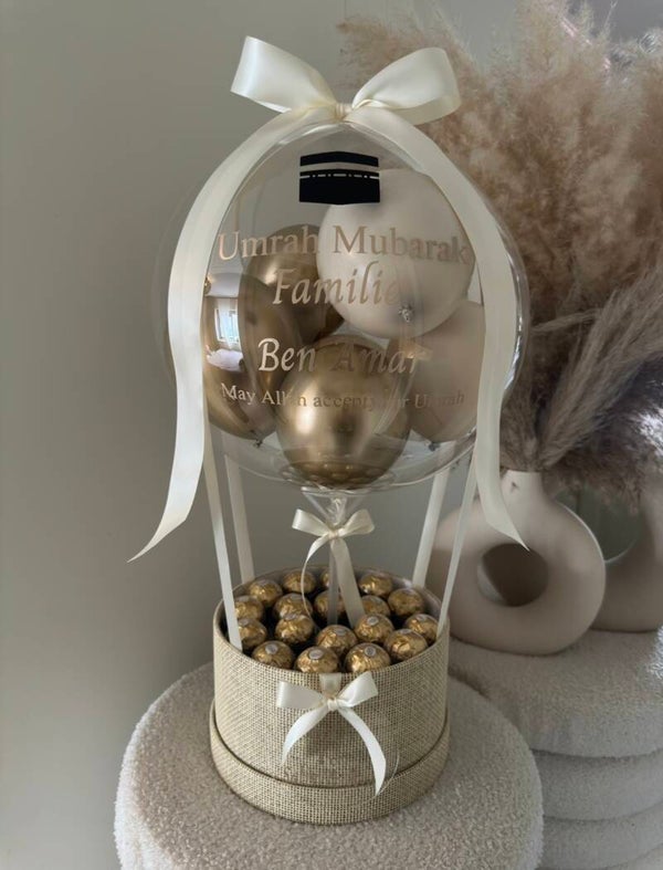 Medium Hotair Umrah / hajj balloon met Ferrero Rocher in medium doosje (diverse kleuren)