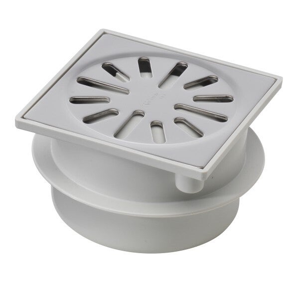 Aquaberg ABS vloerput met RVS rooster, met onderuitl. Ø50mm niet verstelbaar met PPC reukafsluiter en reukslot 37mm 100x100mm