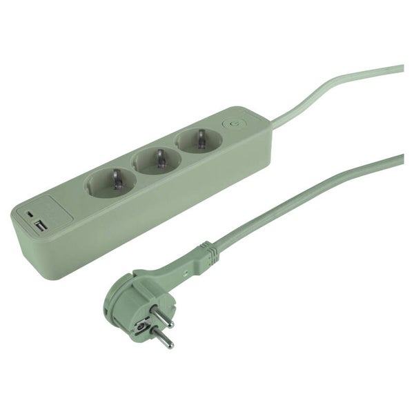 Q-Link stekkerdoos 3-voudig - randaarde - plat - USB A/C - textiel groen 3 x 1.5 mm², 1.5 m