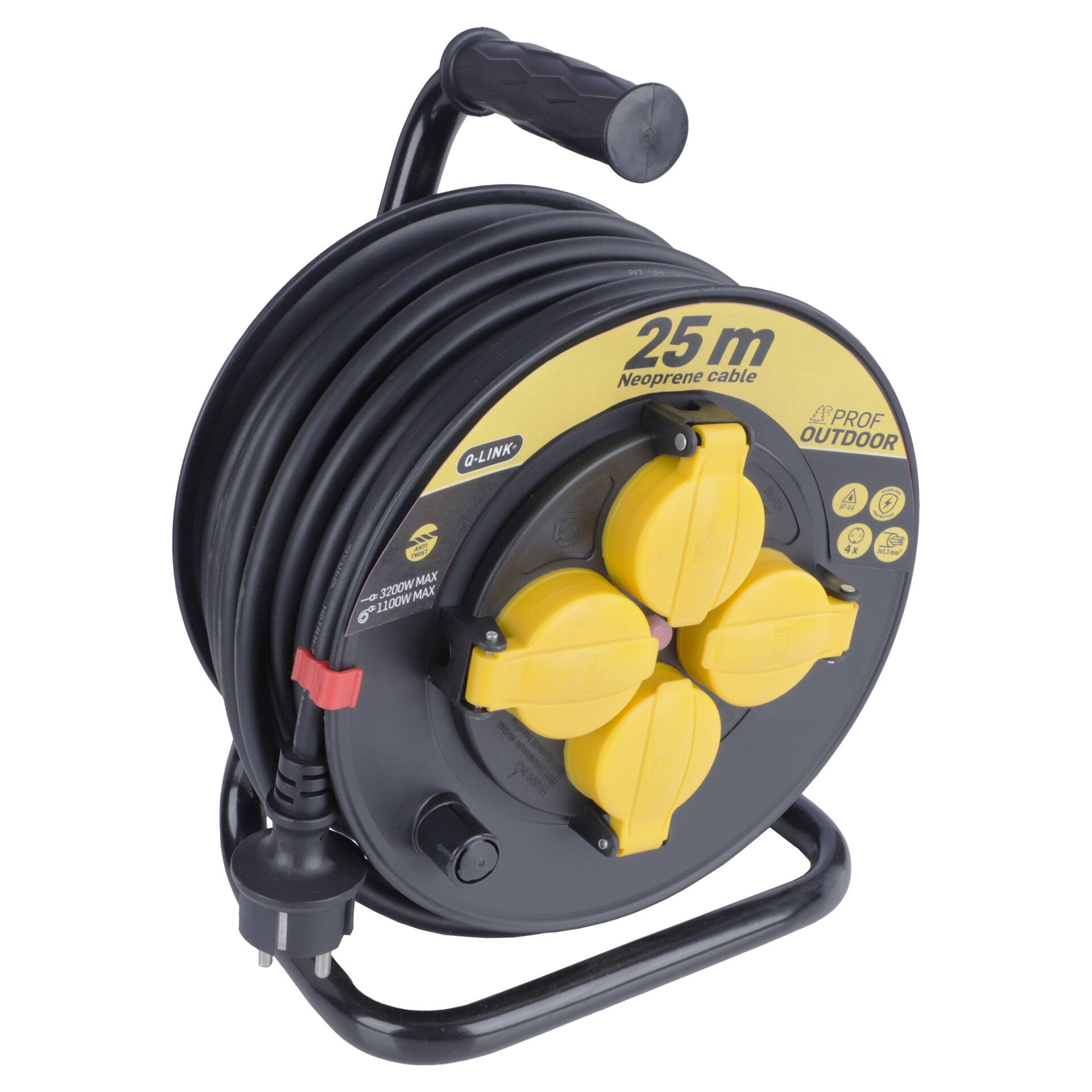 Q-Link kabelhaspel prof - randaarde - spatwaterdicht (IP44) zwart/geel 3 x 1.5 mm², 25 m