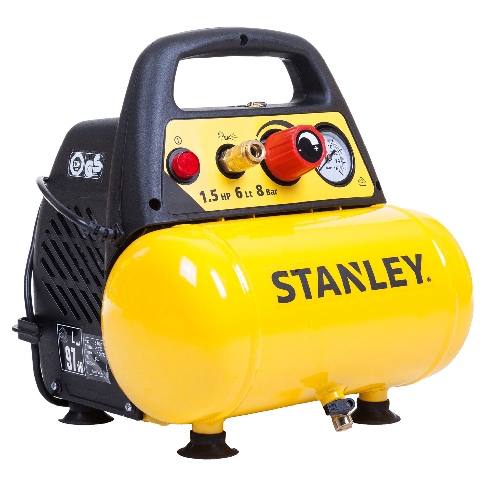 Stanley luchtcompressor 8 bar - 6L - olievrij - DN200/8/6 geel/zwart