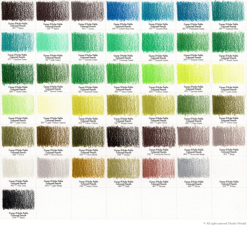 Caran D' Ache Pablo kleurpotloden review, swatches, swatch, colorswatches, kleurenkaart, colorchart