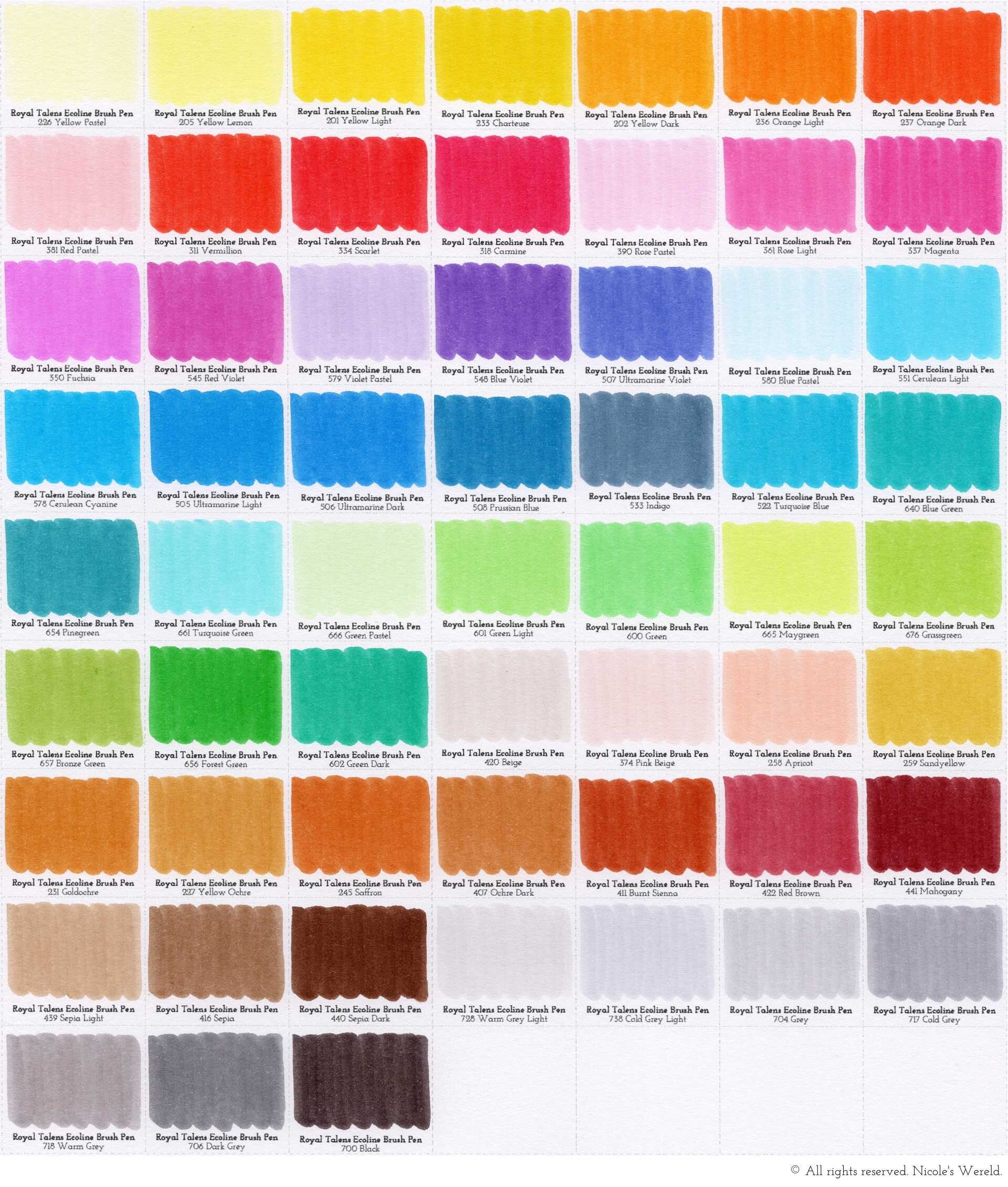 Royal Talens Ecoline brushpennen review, swatches, swatch, colorswatches, kleurenkaart, colorchart