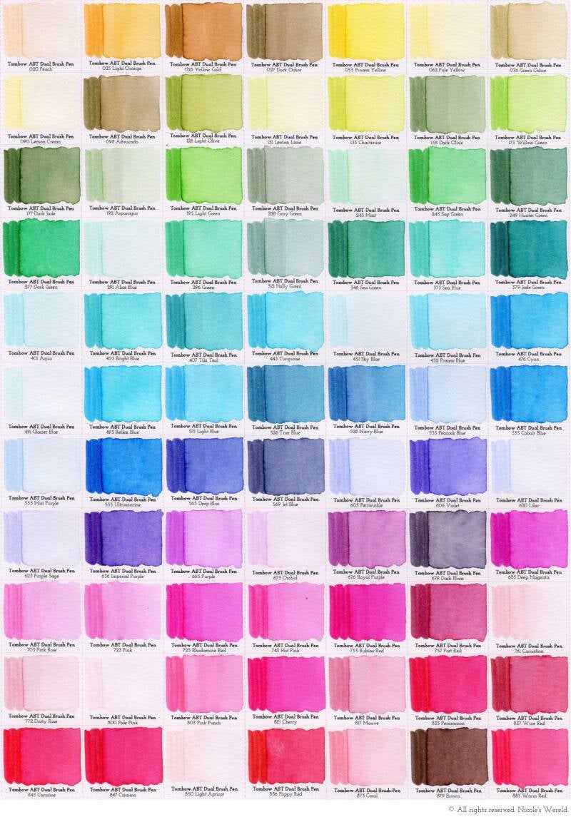 Tombow ABT Dual brushpen review, swatches, swatch, colorswatches, kleurenkaart, colorchart