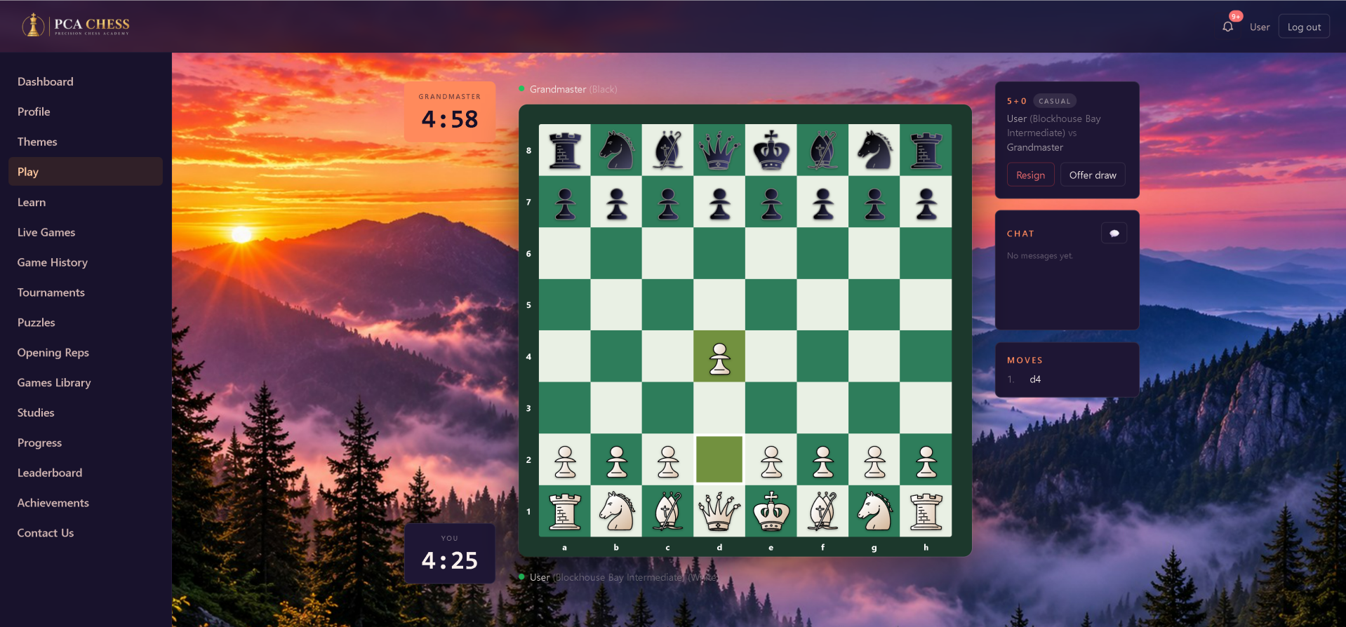 The PCA Chess platform, showing a student game in progress