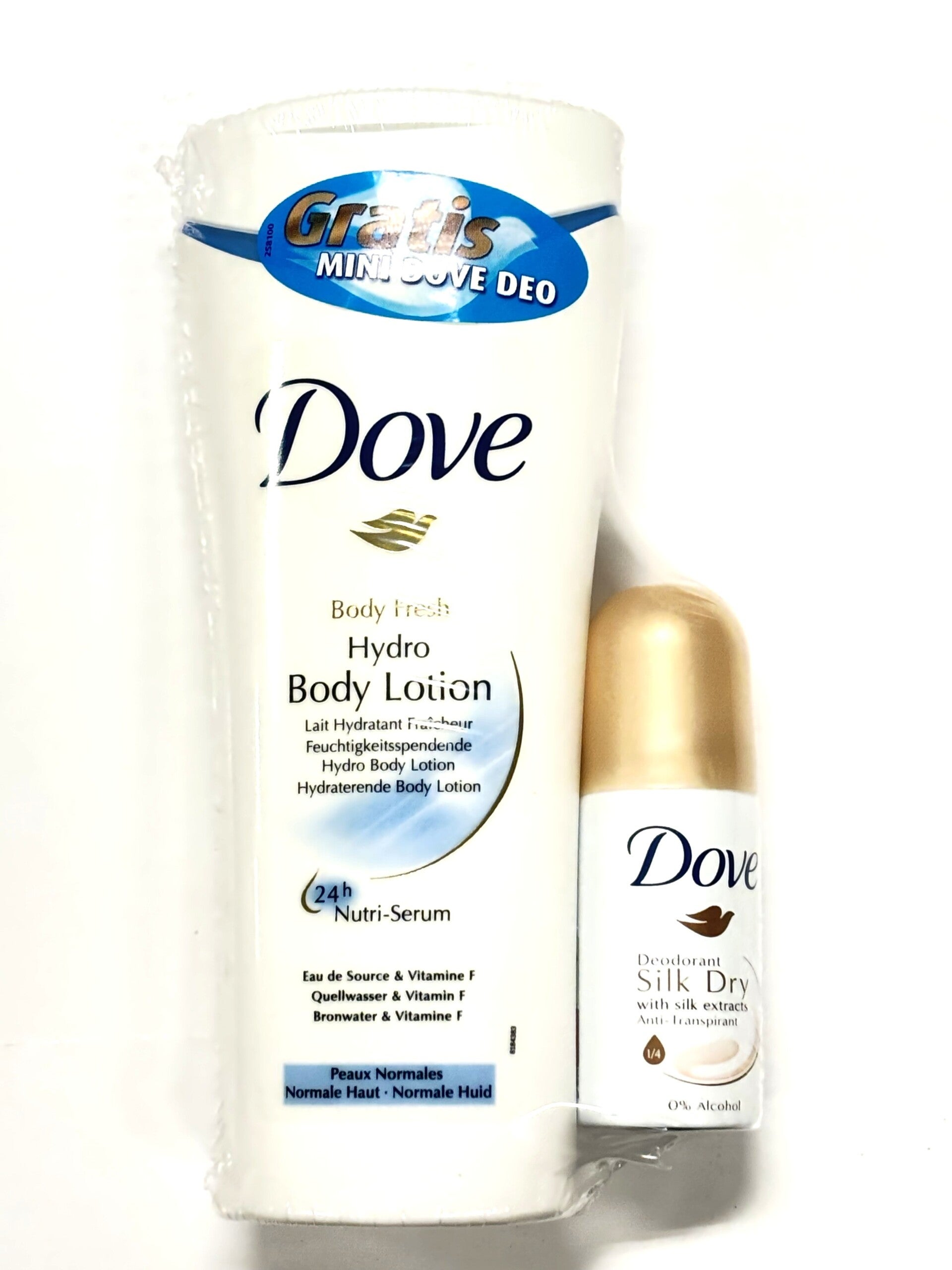 Dove Hydraterende Body Lotion 400ml & Dove Deodorant Silk Dry 0% Alcohol.