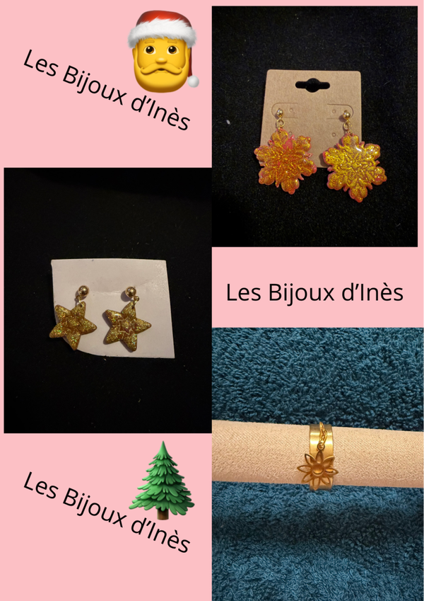 Boucles d’oreilles flocons, étoiles et bague a breloque.