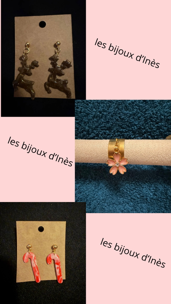 Boucles d’oreilles sucre d’orges, cerf  et bague a breloque.