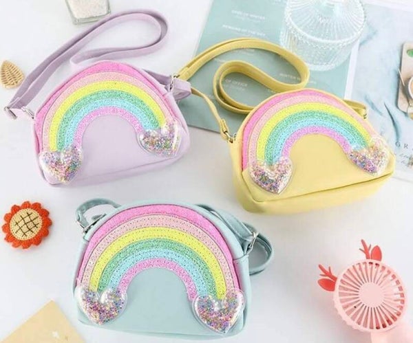 Regenboogtasjes blauw, paars en geel