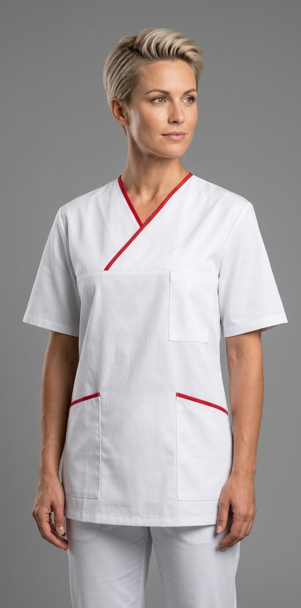 Kasack, Unisex-Schlupfkasack, ANGELIKA, weiss mit schmalen roten Besätzen