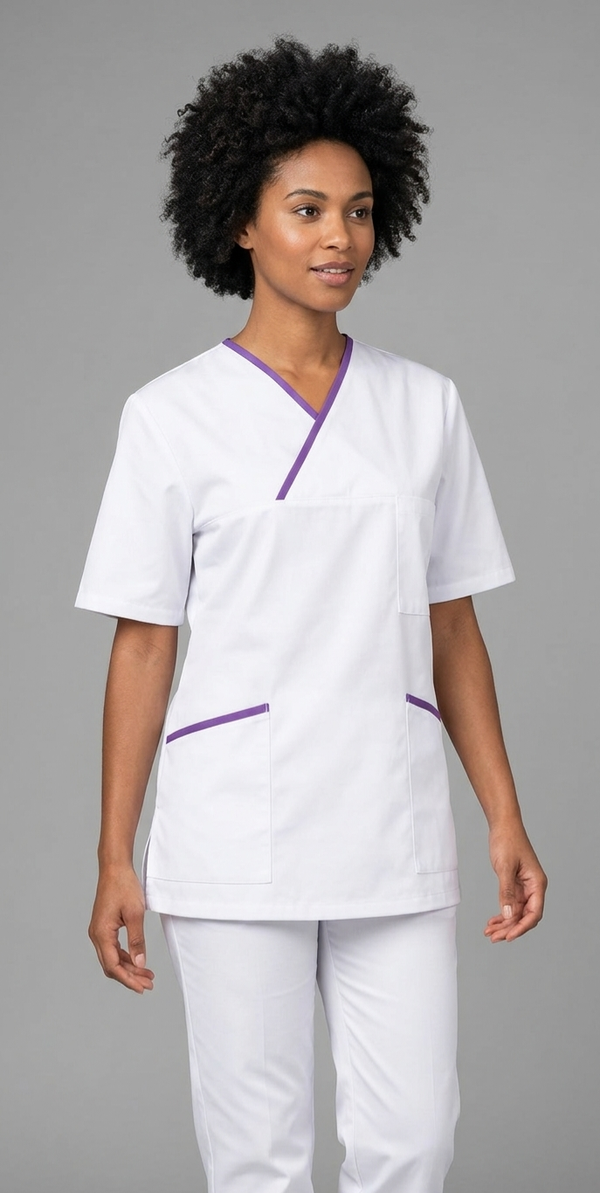 Kasack, Unisex-Schlupfkasack, ANGELIKA, weiss mit schmalen lila Besätzen