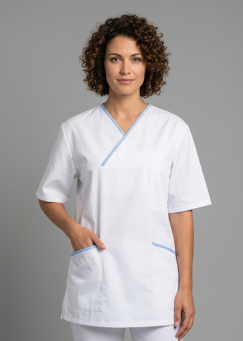 Kasack, Unisex-Schlupfkasack, ANGELIKA, weiss mit schmalen hellblauen Besätzen