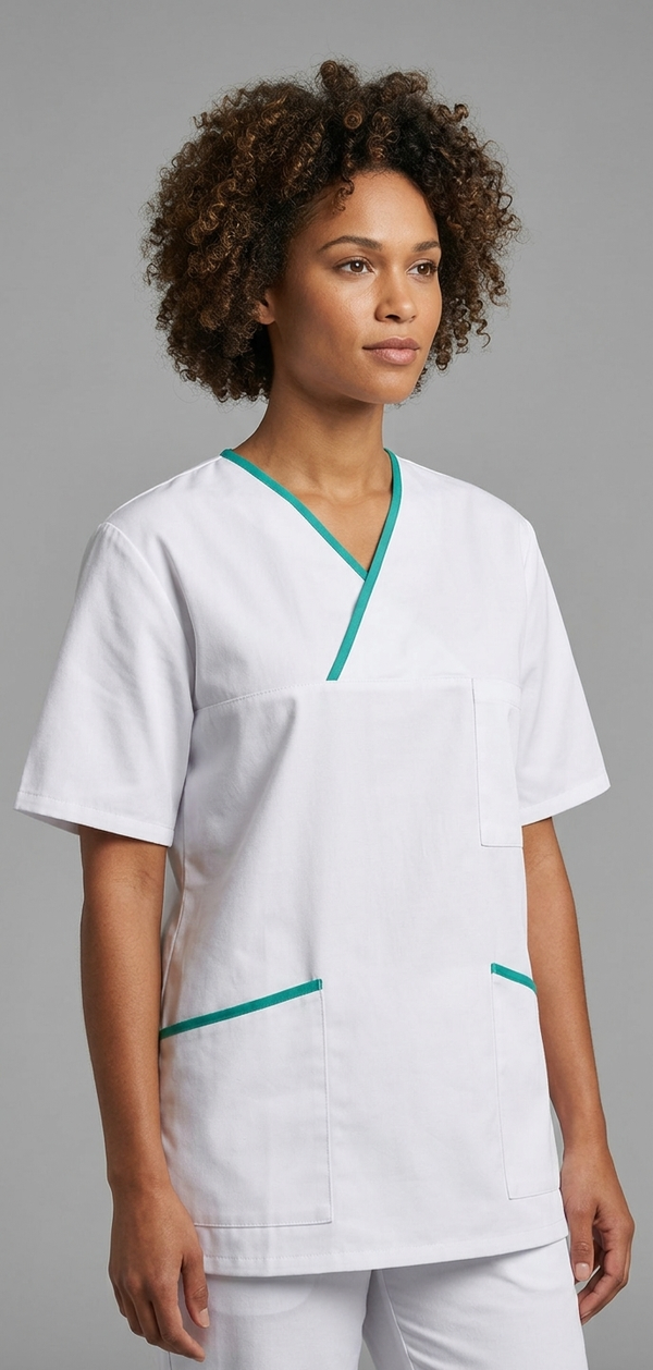 Kasack, Unisex-Schlupfkasack, ANGELIKA, weiss mit schmalen türkisen Besätzen