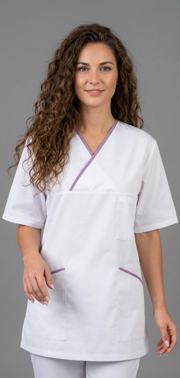 Kasack, Unisex-Schlupfkasack, ANGELIKA, weiss mit schmalen flieder Besätzen