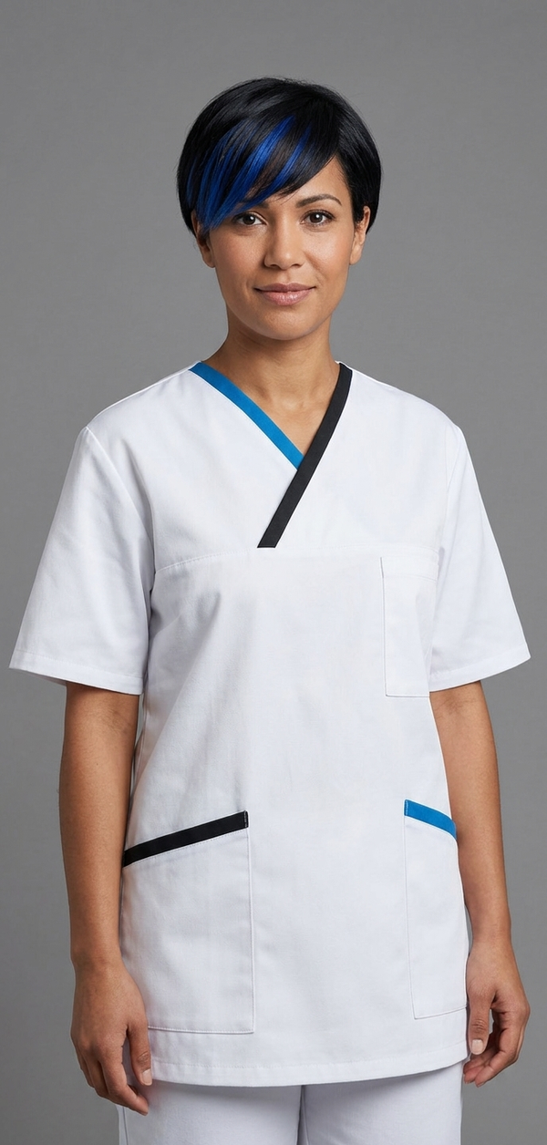 Kasack, Unisex-Schlupfkasack, ANGELIKA, weiss mit hellblauen/dunkelblauen Besätzen