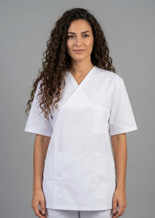 Kasack, Unisex-Schlupfkasack, ANGELIKA, weiss mit schmalen weißen Besätzen