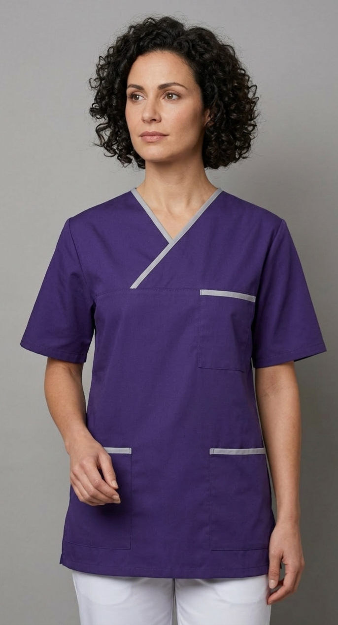 Kasack, Unisex-Schlupfkasack, ANGELIKA, lila mit schmalen hellgrauen Besätzen