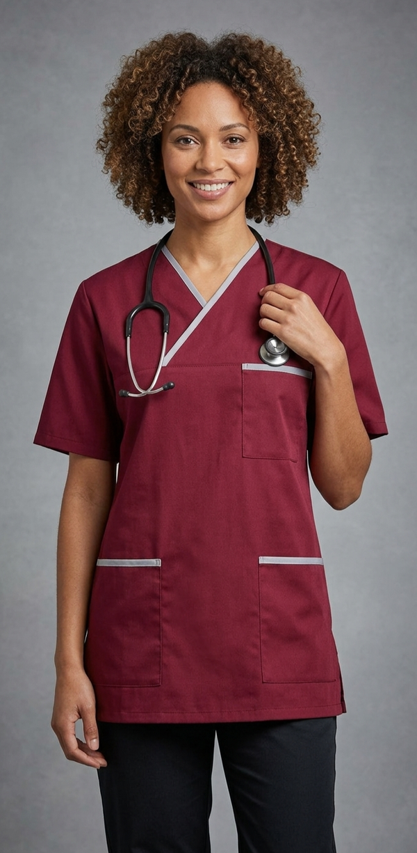 Kasack, Unisex-Schlupfkasack, ANGELIKA, bordeaux mit schmalen hellgrauen Besätzen