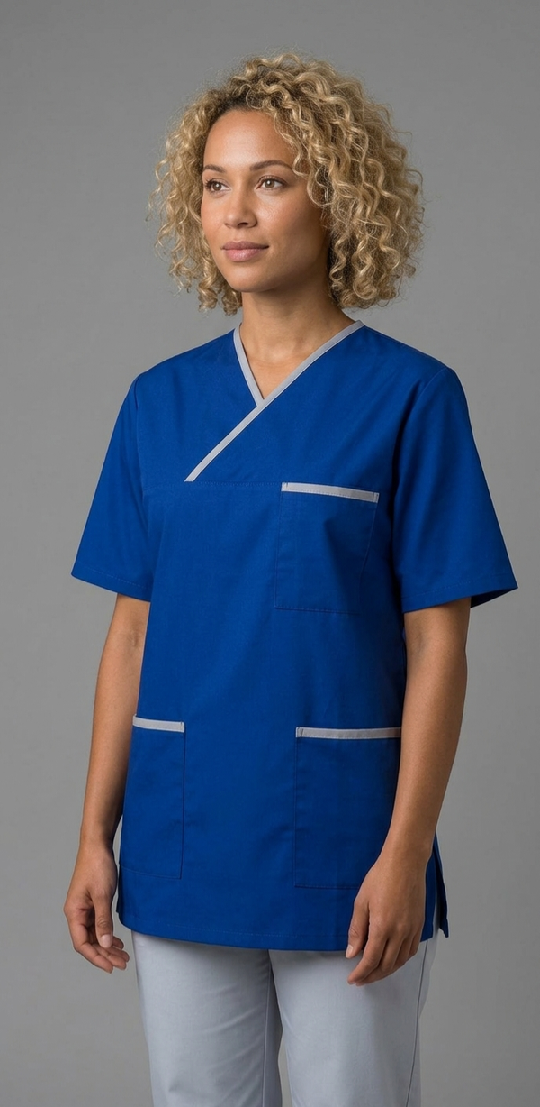 Kasack, Unisex-Schlupfkasack, ANGELIKA, royalblau mit schmalen hellgrauen Besätzen