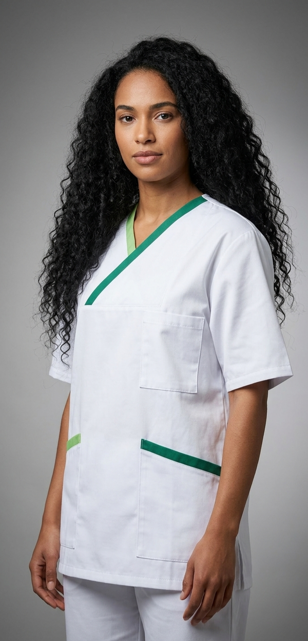 Kasack, Unisex-Schlupfkasack, ANGELIKA, weiss mit hellgrünen/dunkelgrünen Besätzen