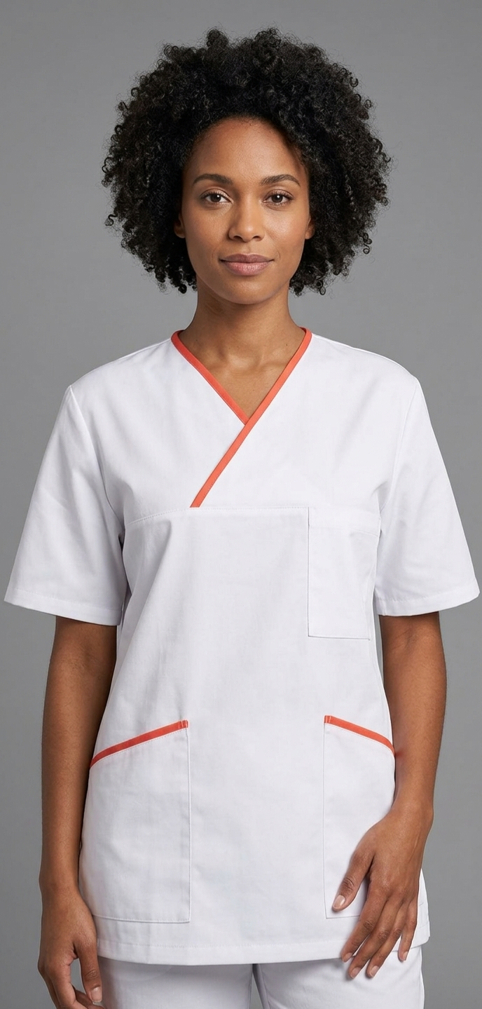 Kasack, Unisex-Schlupfkasack, ANGELIKA, weiss mit schmalen lachs Besätzen