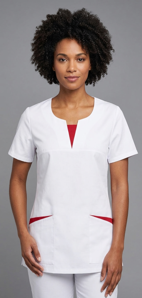 Kasack, Damenkasack, IRIS, weiss mit roten Einsätzen