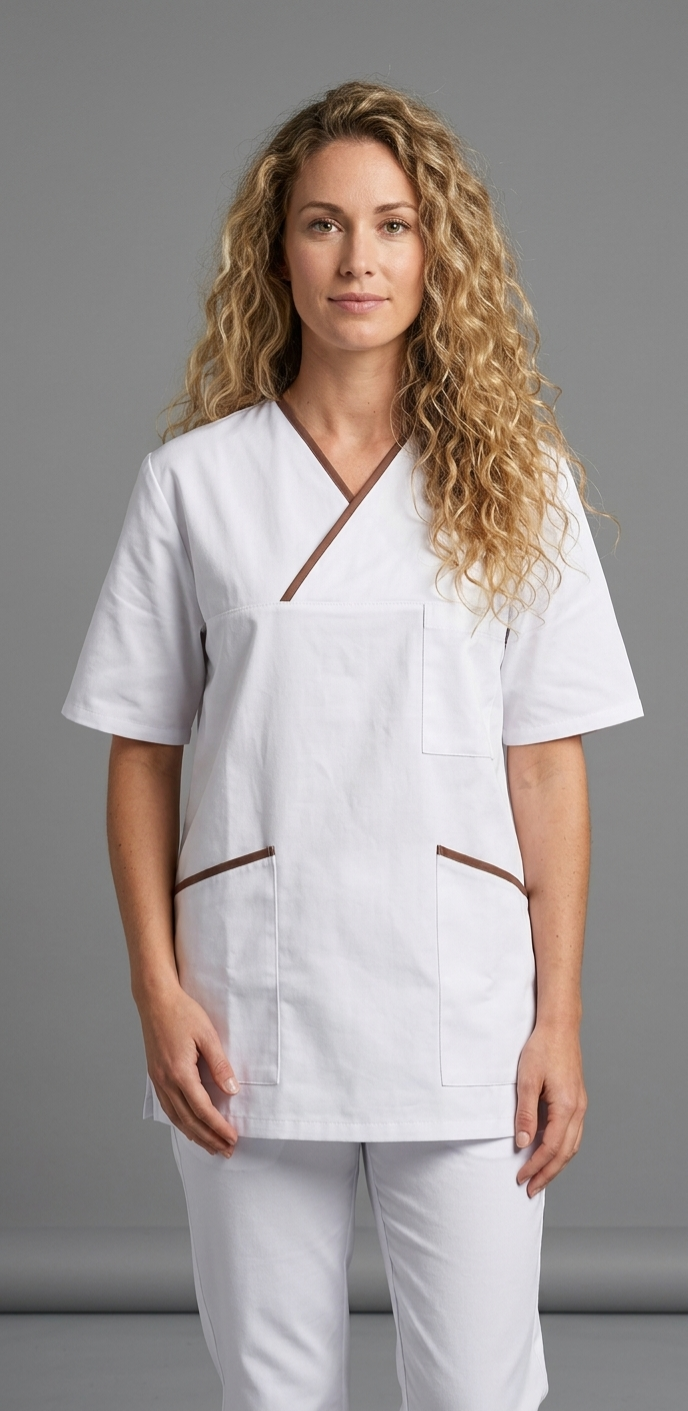 Kasack, Unisex-Schlupfkasack, ANGELIKA, weiss mit schmalen braunen Besätzen